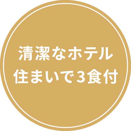 清潔なホテル住まいで3食付